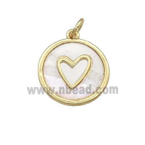 copper circle pendant pave shell, heart, gold plated