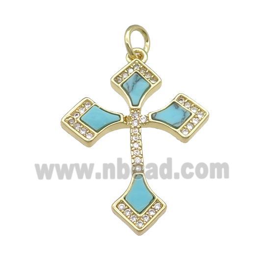 copper Cross pendant pave turquoise, gold plated