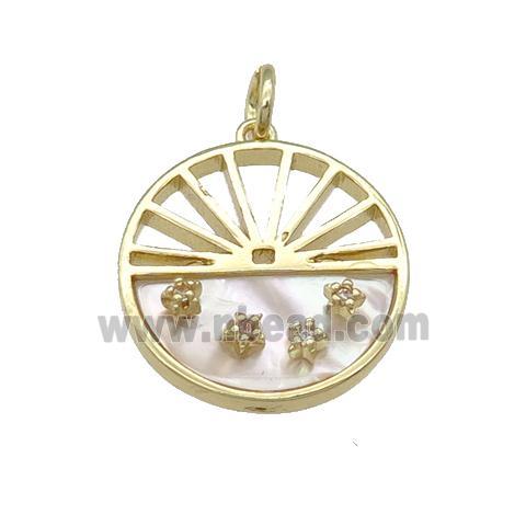 copper circle pendant pave shell, gold plated