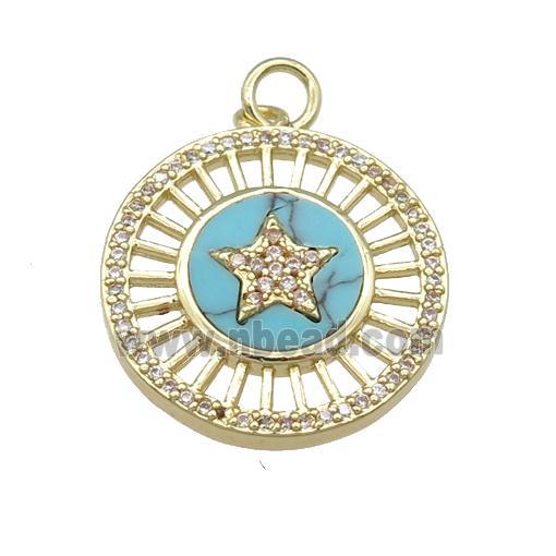 copper circle pendant pave Turquoise, star, gold plated