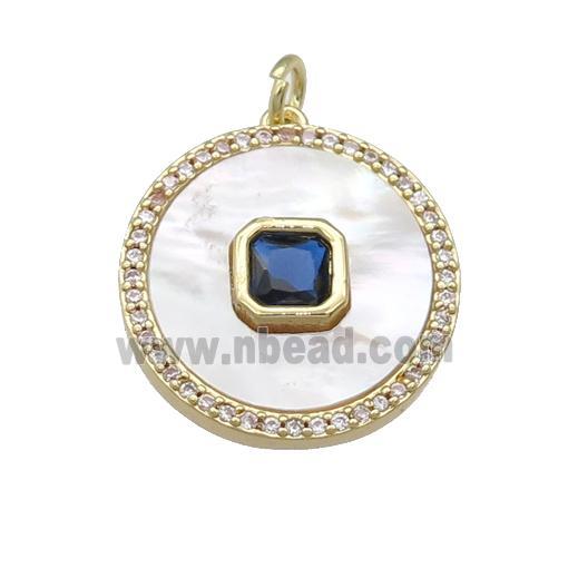 copper circle pendant pave shell, blue zircon, gold plated