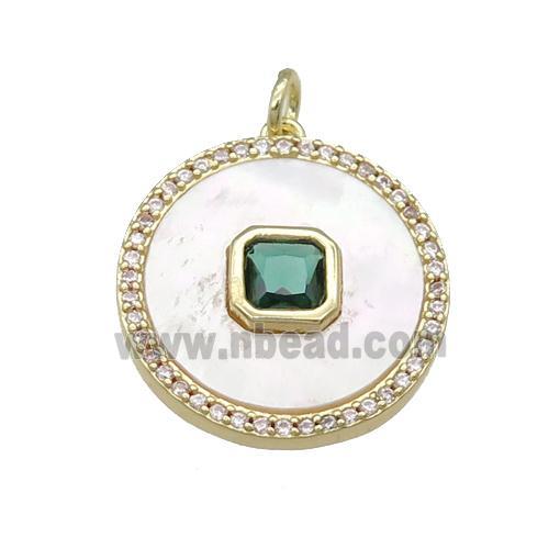 copper circle pendant pave shell, green zircon, gold plated