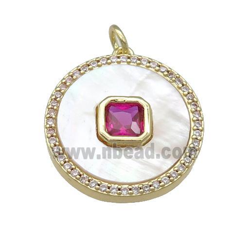 copper circle pendant pave shell, hotpink zircon, gold plated