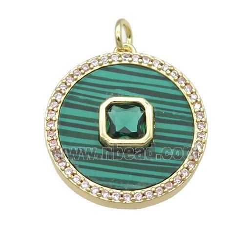 copper circle pendant pave Malachite, green zircon, gold plated
