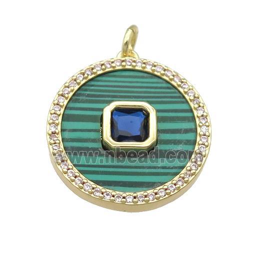 copper circle pendant pave Malachite, blue zircon, gold plated