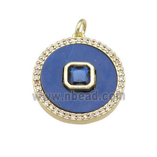 copper circle pendant pave Lapis, blue zircon, gold plated