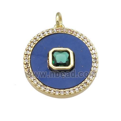copper circle pendant pave Lapis, green zircon, gold plated