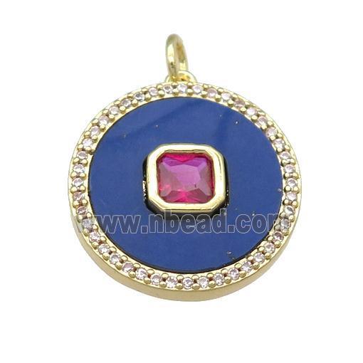 copper circle pendant pave Lapis, hotpink zircon, gold plated