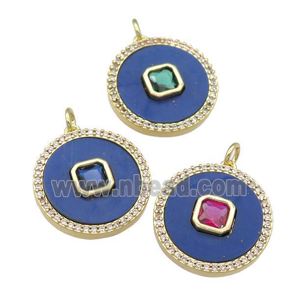 copper circle pendant pave Lapis, zircon, gold plated, mixed
