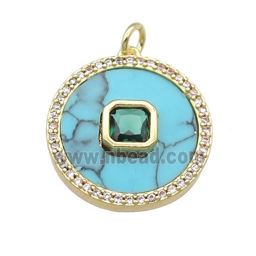 copper circle pendant pave Turquoise, green zircon, gold plated
