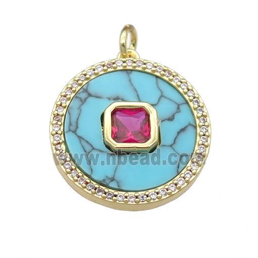 copper circle pendant pave Turquoise, hotpink zircon, gold plated