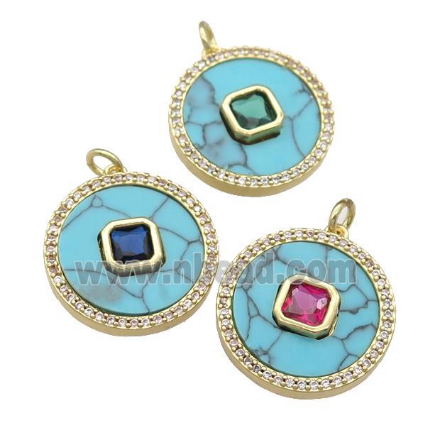 copper circle pendant pave Turquoise, zircon, gold plated, mixed