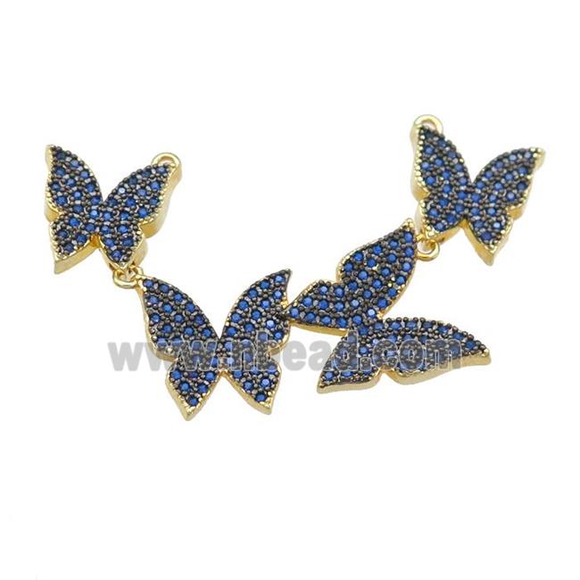 copper Butterfly link pendant paved blue zircon, gold plated