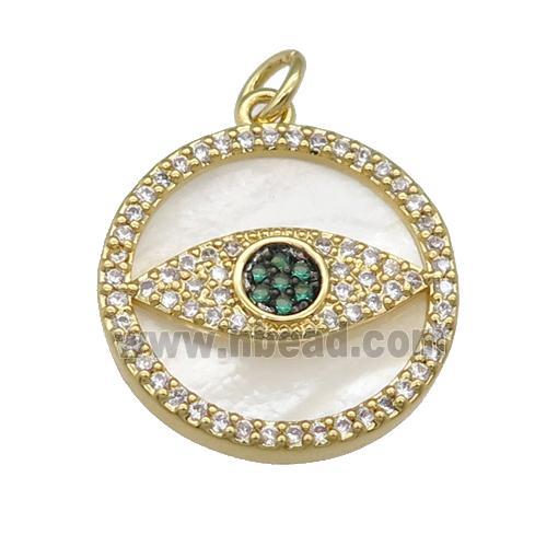 copper circle Eye pendant paved zircon, shell, gold plated