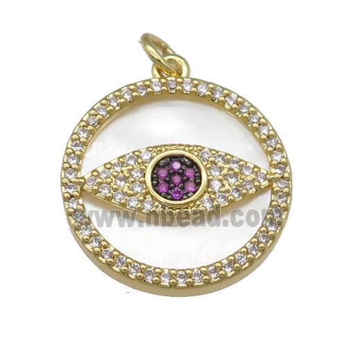 copper circle Eye pendant paved zircon, shell, gold plated