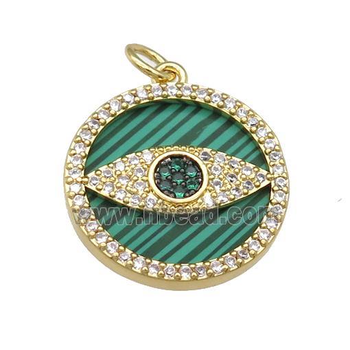 copper circle Eye pendant paved Malachite, zircon, gold plated
