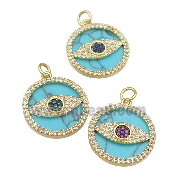 copper circle Eye pendant paved Turquoise, zircon, gold plated, mixed