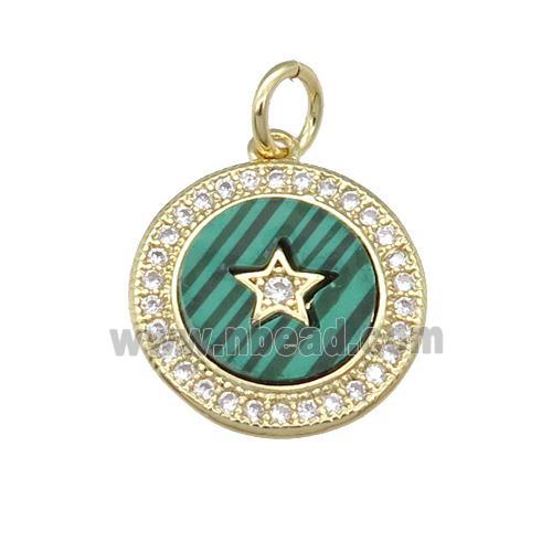 copper circle Star pendant paved Malachite, zircon, gold plated