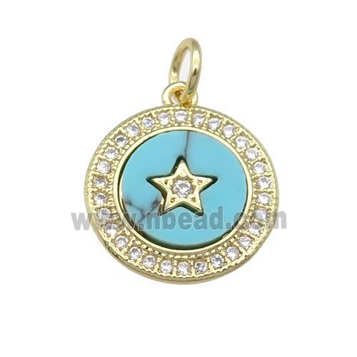 copper circle Star pendant paved Turquoise, zircon, gold plated
