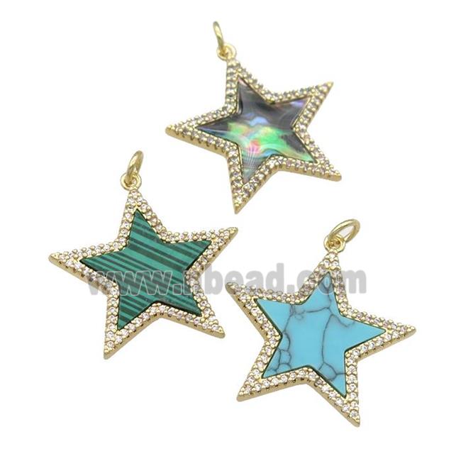 copper Star pendant paved gemstone, zircon, gold plated, mixed