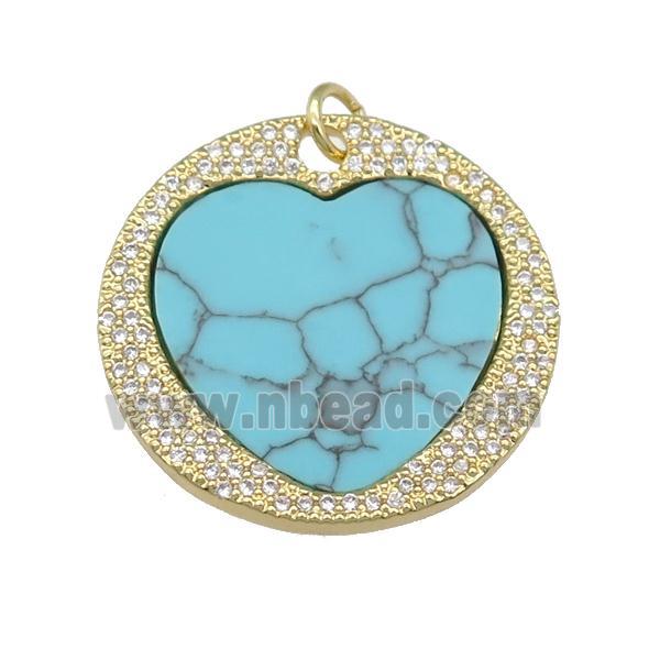 copper circle Heart pendant paved Turquoise, zircon, gold plated