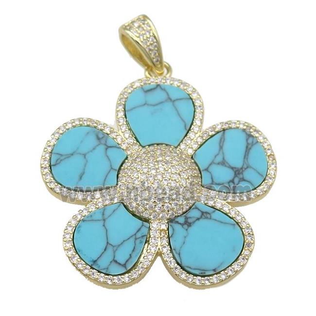 copper Flower pendant paved Turquoise, zircon, gold plated