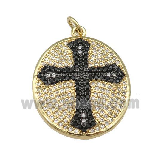 copper oval Cross pendant paved zircon, gold plated
