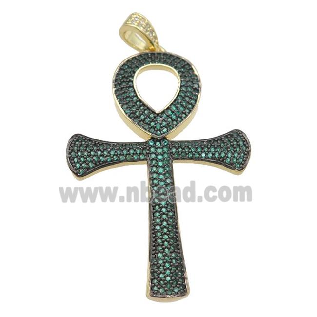 Copper Ankh Cross Pendant Pave Green Zircon Gold Plated