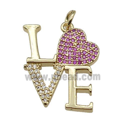 copper LOVE pendant pave zircon, heart, gold plated