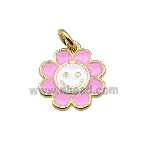copper sunflower pendant with pink enamel, happyface, gold plated