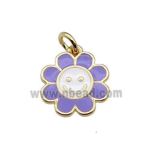 copper sunflower pendant with lavender enamel, happyface, gold plated