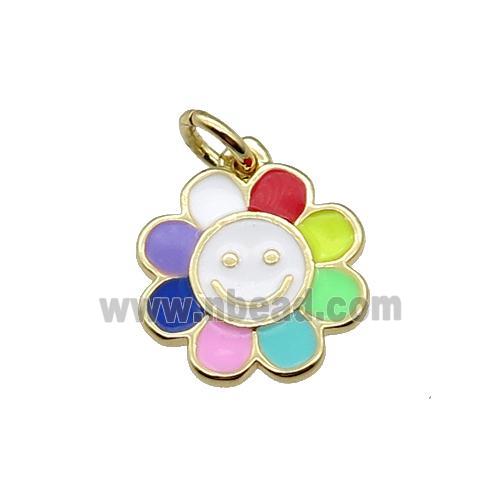 copper sunflower pendant with multicolor enamel, happyface, gold plated