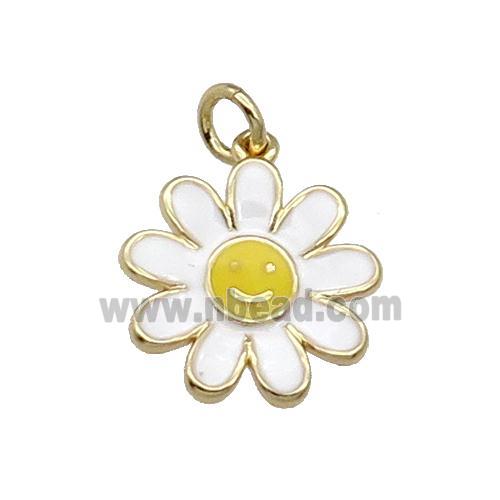 copper daisy flower pendant with white enamel, happyface, gold plated