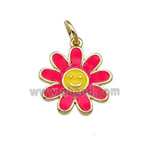 copper daisy flower pendant with red enamel, happyface, gold plated