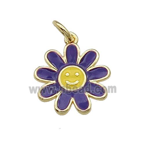 copper daisy flower pendant with purple enamel, happyface, gold plated