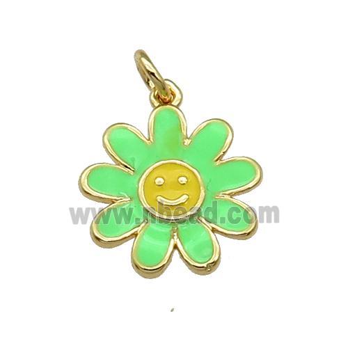 copper daisy flower pendant with green enamel, happyface, gold plated