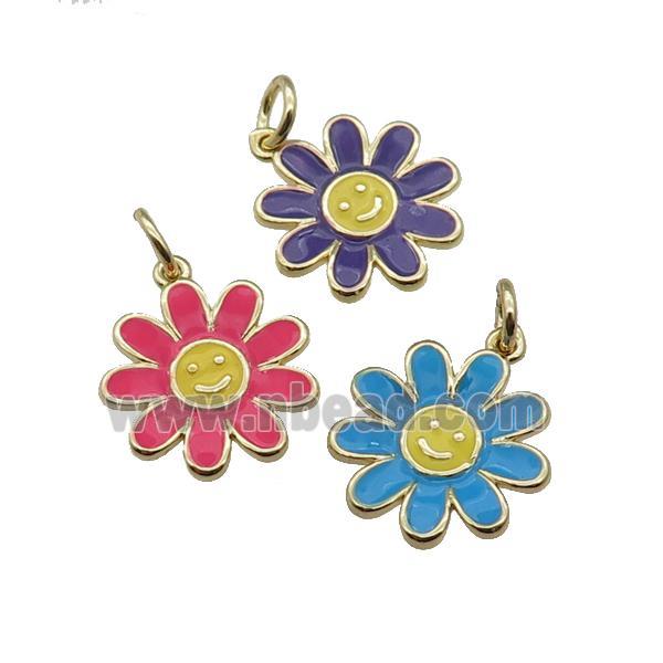 copper daisy flower pendant with enamel, happyface, gold plated, mixed