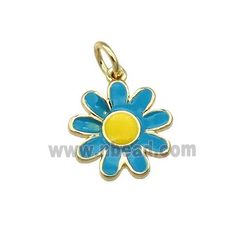 copper daisy flower pendant with teal enamel, gold plated