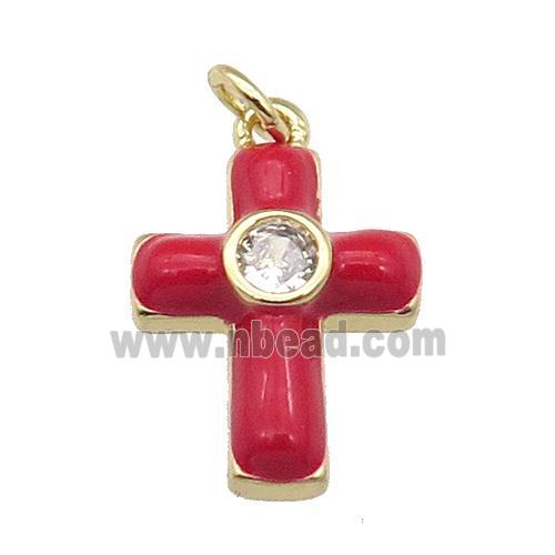 copper Cross pendant pave zircon with red enamel, gold plated