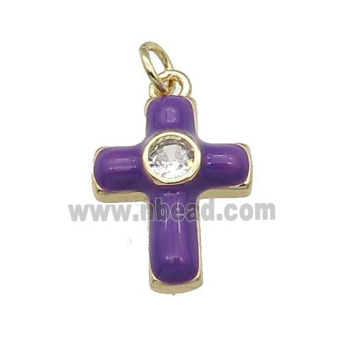 copper Cross pendant pave zircon with purple enamel, gold plated