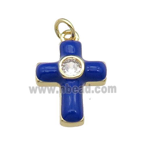 copper Cross pendant pave zircon with blue enamel, gold plated