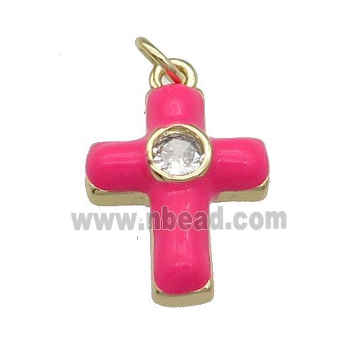copper Cross pendant pave zircon with hotpink enamel, gold plated