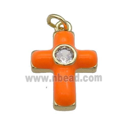 copper Cross pendant pave zircon with orange enamel, gold plated