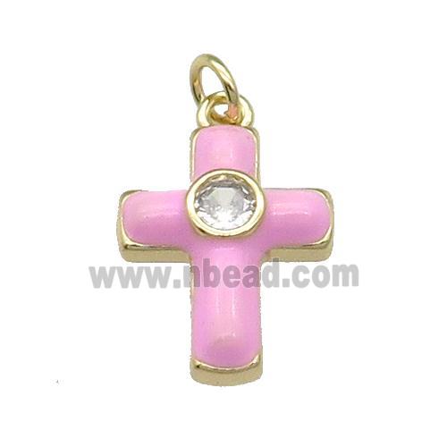 copper Cross pendant pave zircon with pink enamel, gold plated