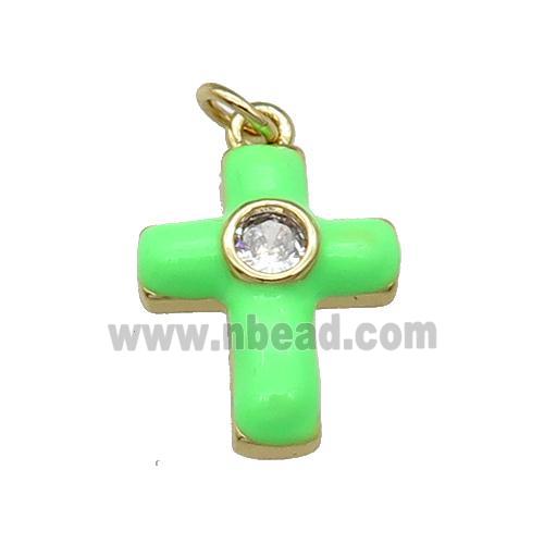 copper Cross pendant pave zircon with mintgreen enamel, gold plated