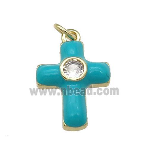 copper Cross pendant pave zircon with teal enamel, gold plated