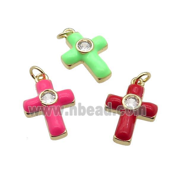 copper Cross pendant pave zircon with enamel, gold plated, mixed