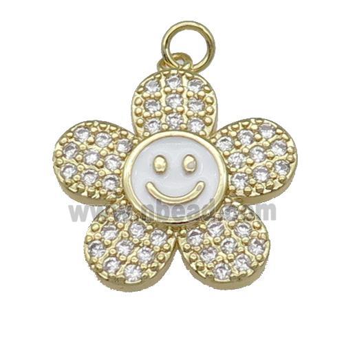 copper sunflower pendant pave zircon with white enamel, happyface, gold plated