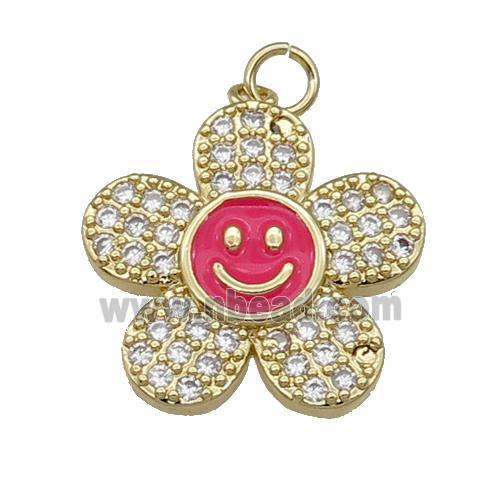copper sunflower pendant pave zircon with red enamel happyface, gold plated