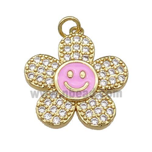 copper sunflower pendant pave zircon with pink enamel happyface, gold plated